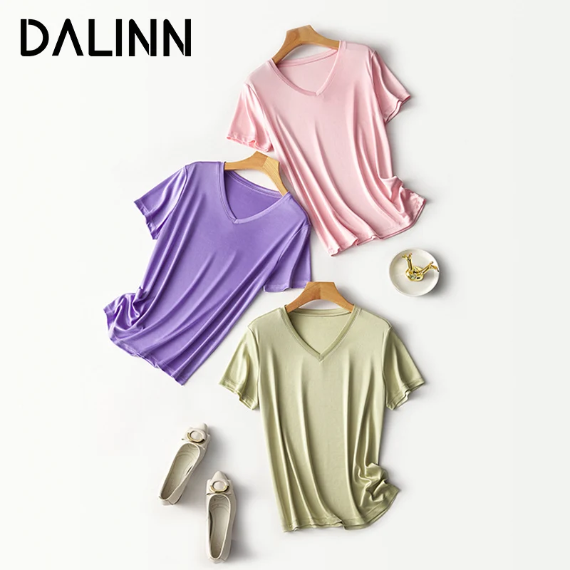 

Woman Casual Plain T Shirts Basic V Neck Short Sleeves Acetate Silk Cozy Tee 2023 Spring Summer New Bottoms Top Khaki DALINN