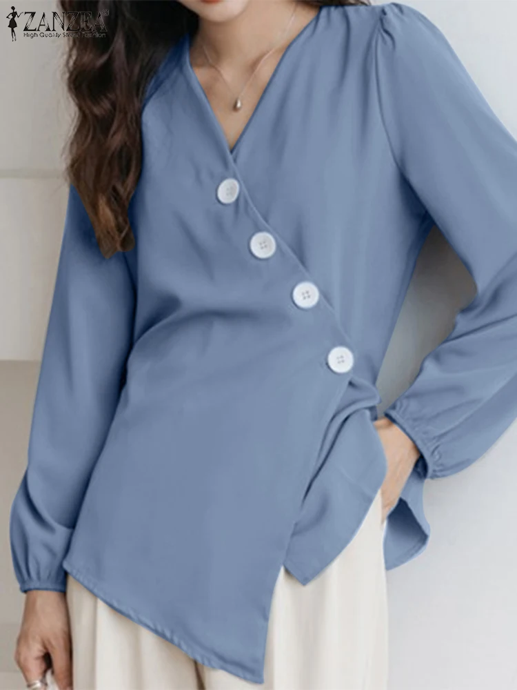 

Весна 2023, женские офисные топы ZANZEA, Элегантная блузка с асимметричным подолом, рубашка на шнуровке с длинным рукавом и V-образным вырезом, повседневные однотонные Блузы