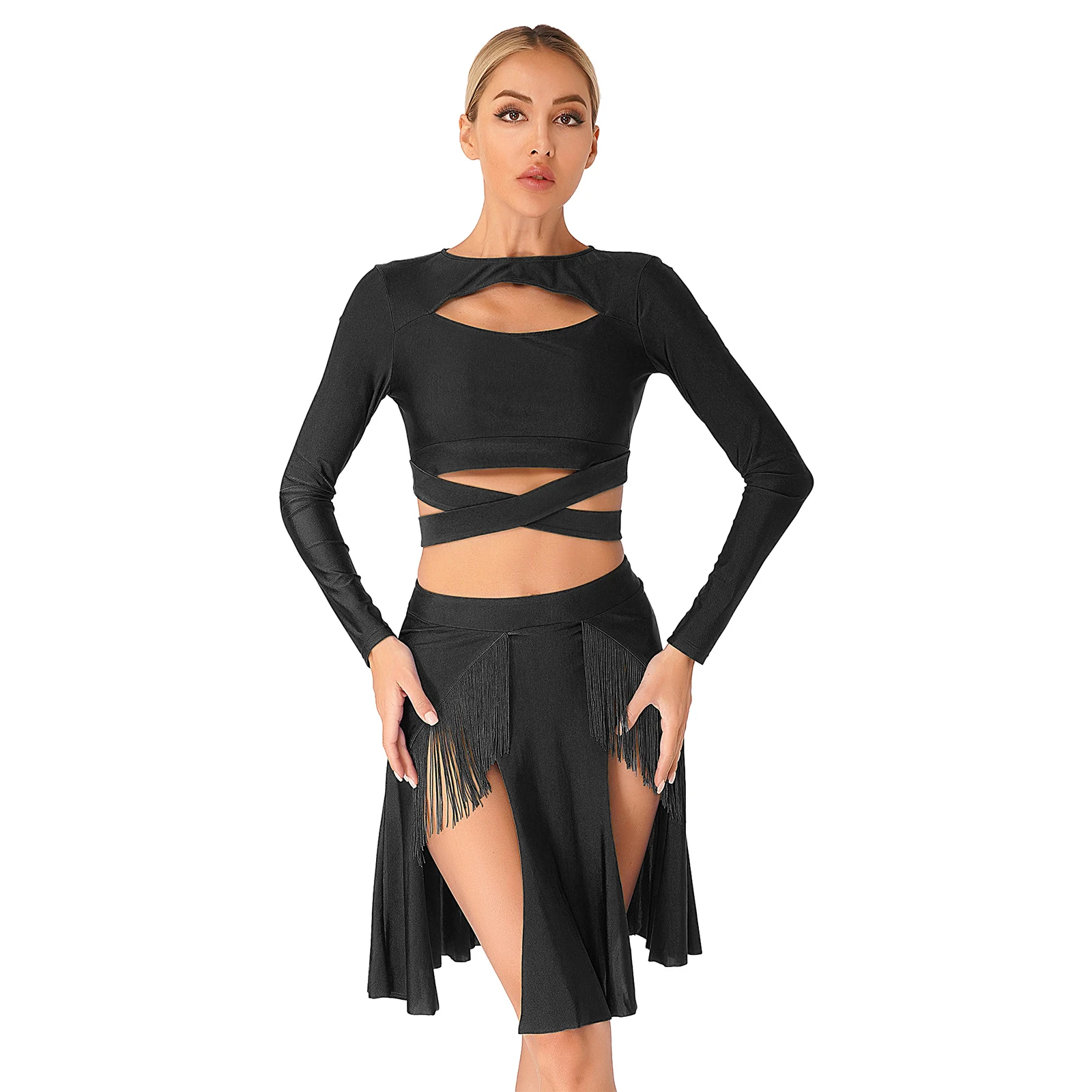 Womens Dancewear Performance Latin Dance Outfit Costume Long Sleeve Crop Top with High Waist Split Tassel Skirt
Womens Dancewear Performance Latin Dance Outfit Costume Long Sleeve Crop Top with High Waist Split Tassel Skirt