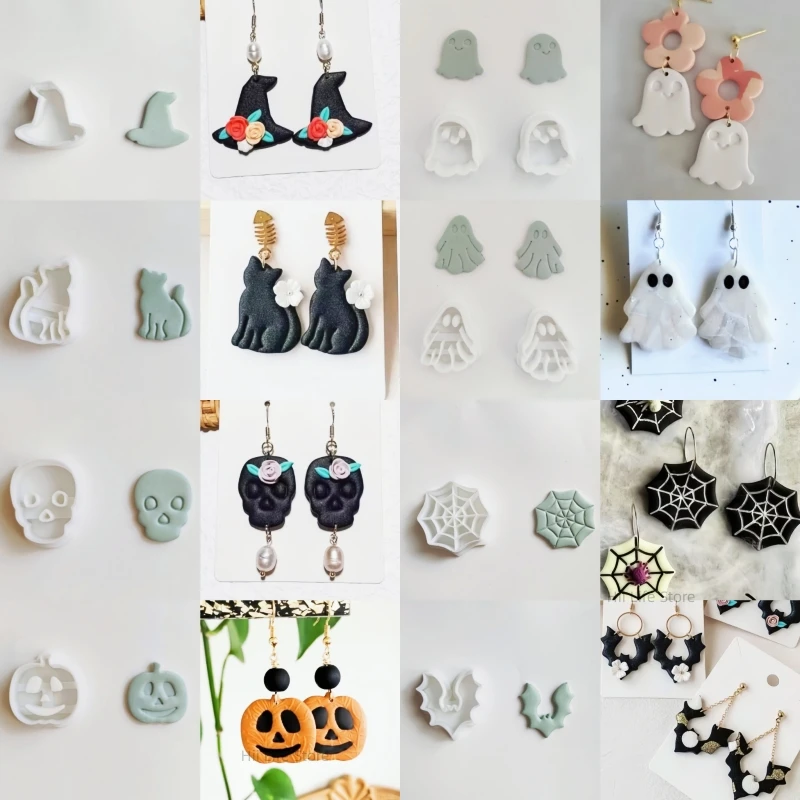 

Halloween Series Polymer Clay Cutter Witch Hat/Cat/Zombie/Bat/Net/Ghost Soft Pottery Cutting Mold DIY Earring Jewelry Hand Tools