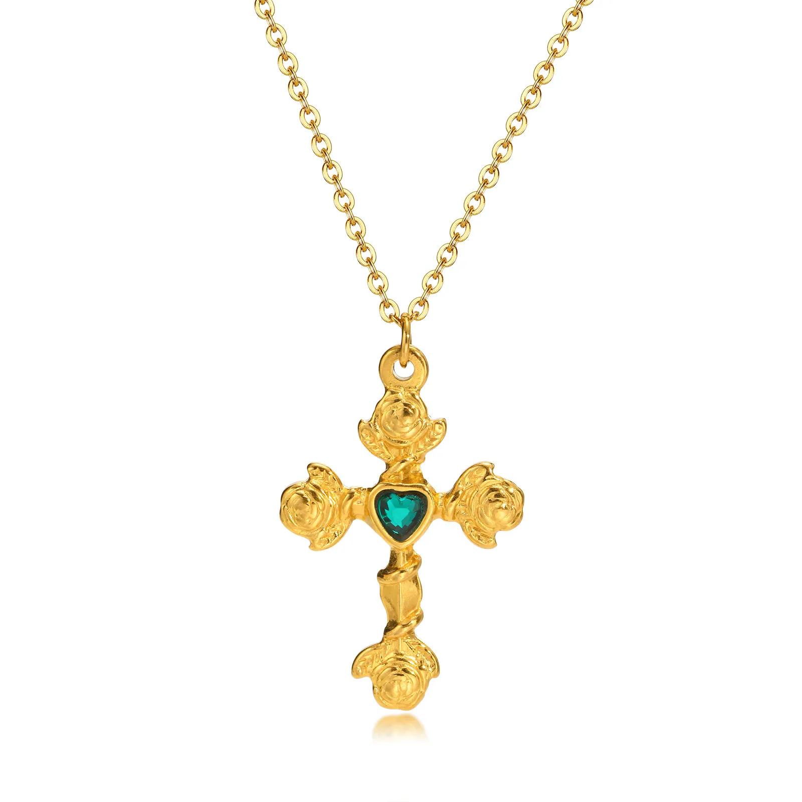Women Cross Necklaces Gift Jewelry, Gold Color Rose Style with Green Color Cubic Zirconia Heart Pendant, Retro Floral Collar 
Women Cross Necklaces Gift Jewelry, Gold Color Rose Style with Green Color Cubic Zirconia Heart Pendant, Retro Floral Collar
