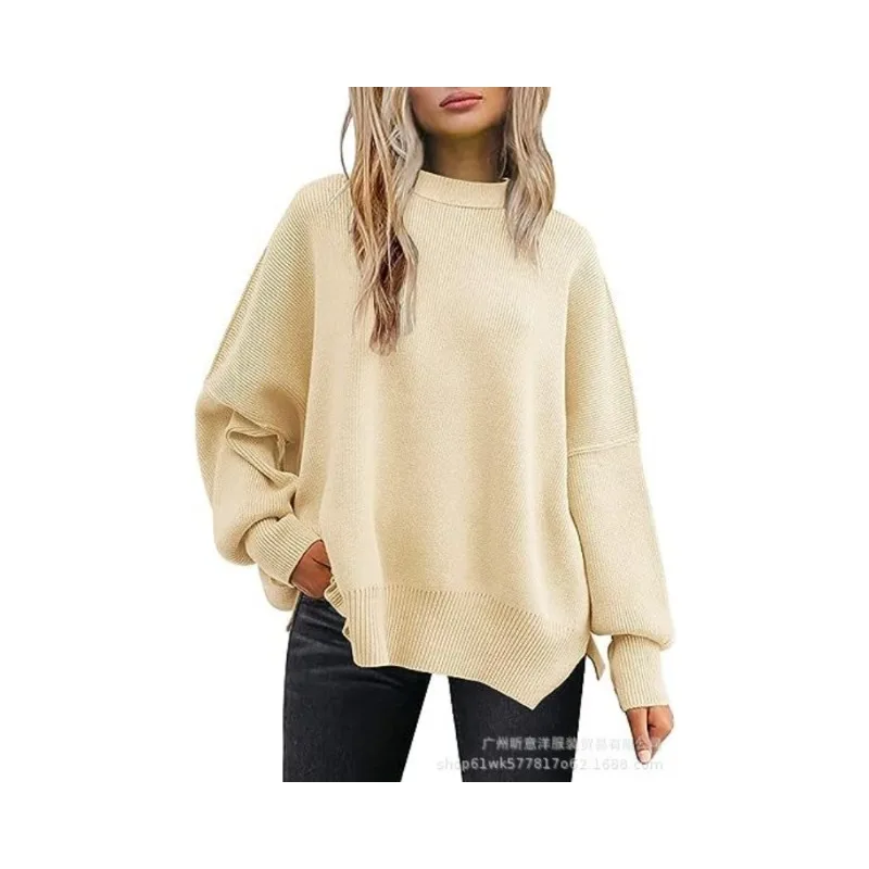 

2023 Women's Sweater Fashion Solid Round Neck Batwing Long Sleeve Rib Knit Sweater Casual Loose Pullover Street Wear