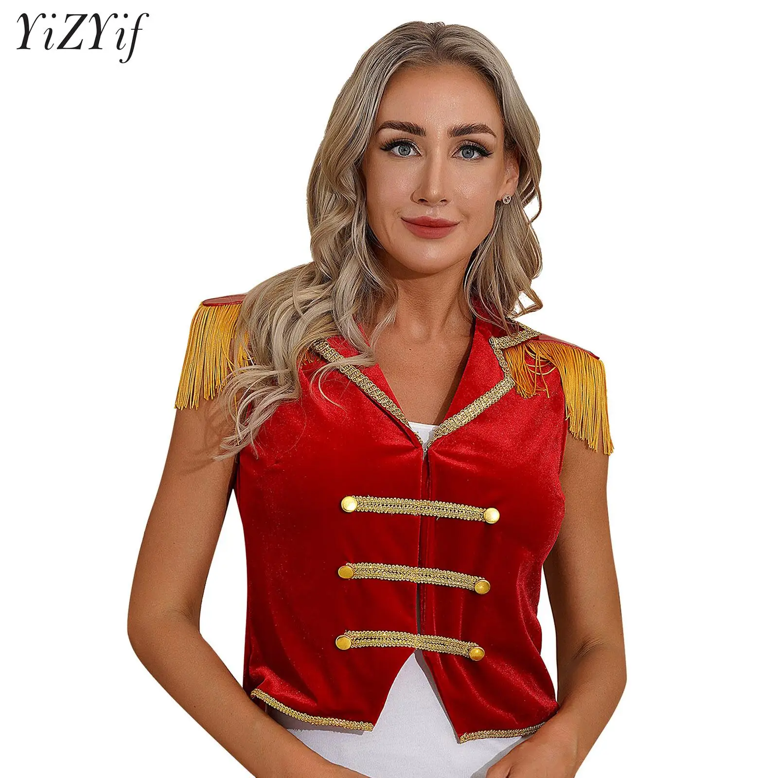 

Women Halloween Carnival Circus Performance Costume Ringmaster Lion Tamer Waistcoat Sleeveless Lapel Tassels Velvet Crop Vest