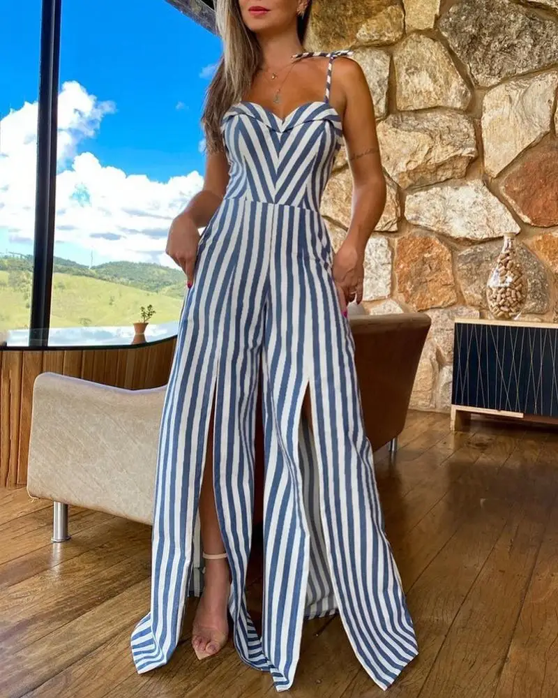 Striped Print Split Thigh Wide Leg Jumpsuit Women Spring Summer High Waist Full Length Jumpsuits Overall Pants Sleeveless
Striped Print Split Thigh Wide Leg Jumpsuit Women Spring Summer High Waist Full Length Jumpsuits Overall Pants Sleeveless