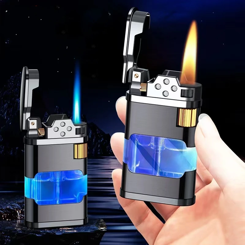 

Metal Transparent Oil Tank Pulley Ignition LED Flashing Light Two Types Of Flame Butane Gas Lighters Smoking Accessories Gadgets