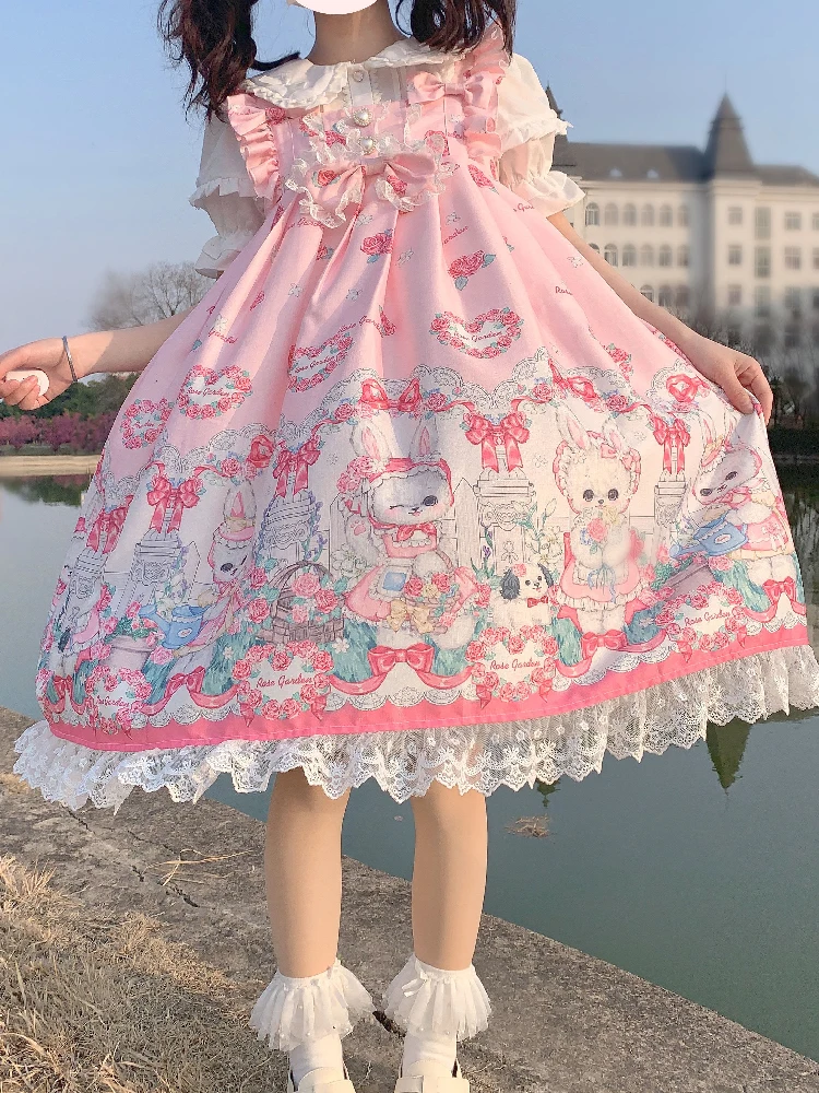 

Женское платье принцессы на тонких бретельках, без рукавов, с мультяшным принтом кролика, банкетное платье в японском стиле Лолиты, женские платья Jsk, лето 2023