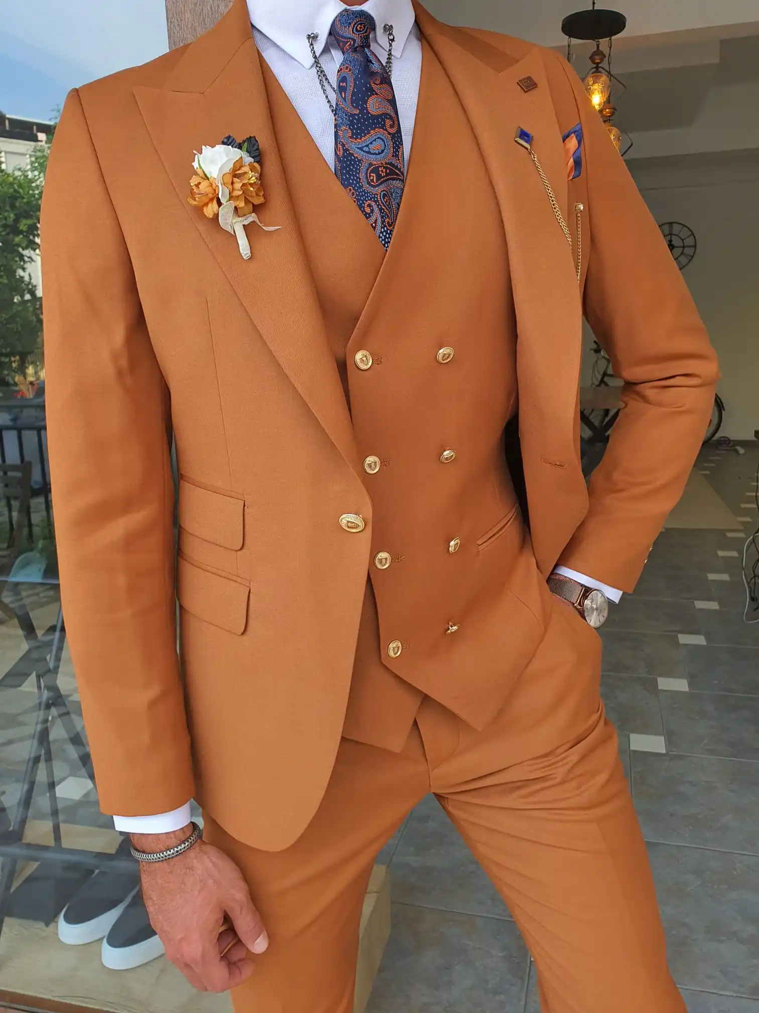 

Мужской костюм-смокинг из трех предметов, оранжевый двубортный Блейзер, облегающий Свадебный костюм, жакет, жилет и брюки, 2022
