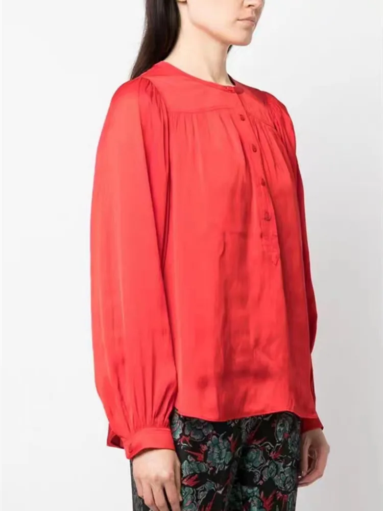 

Женская однотонная атласная блузка, элегантная плиссированная Свободная рубашка с круглым вырезом, пуговицами спереди и длинным рукавом, осень 2023