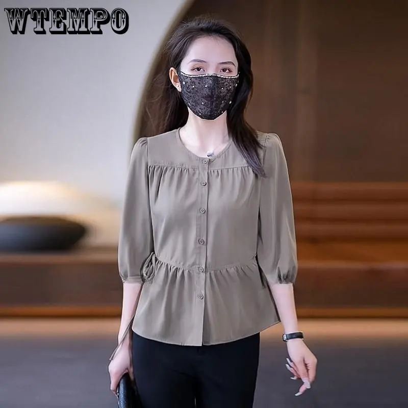 

WTEMPO Round Neck Medium Length Bubble Sleeved Shirt Women's Thin Breathable Short Top 2023 Spring/summer New Fashion Blouse