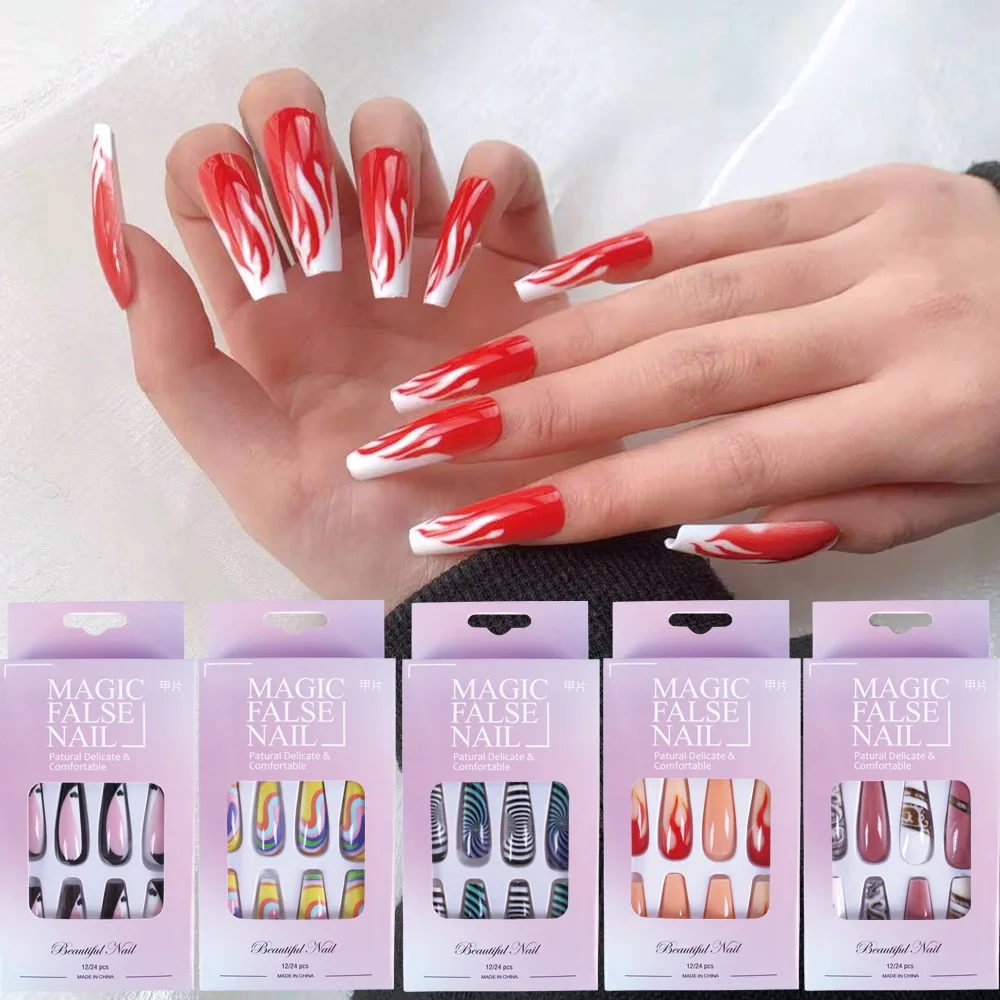 

24Pcs/Box Charming Pink Flame Long Detachable Finished Fingernails Ballet Wearable Fake Nails press on Square Head Full Cover
