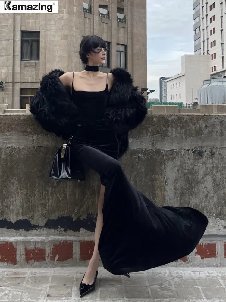 Women Fashion France Vintage Black Velvet Strap Dress Spring Chic Party Night Robe Female Summer Split Maxi Dresses
Women Fashion France Vintage Black Velvet Strap Dress Spring Chic Party Night Robe Female Summer Split Maxi Dresses