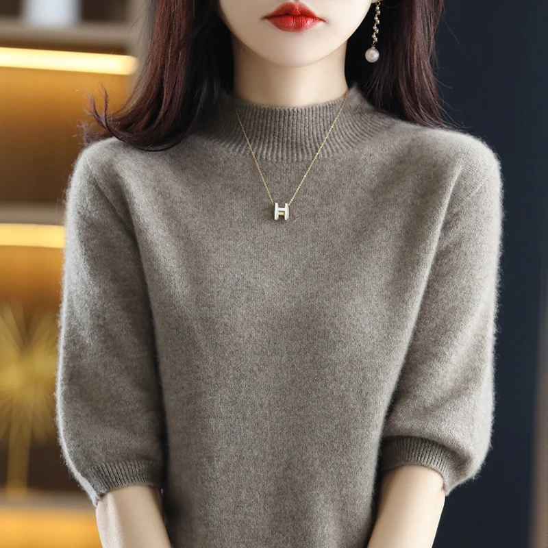 Spring Summer New Wool Knit Short Sleeve Ladies Half Turtleneck Solid Color Pullover Loose Casual Sweater Top Thin Section
Spring Summer New Wool Knit Short Sleeve Ladies Half Turtleneck Solid Color Pullover Loose Casual Sweater Top Thin Section