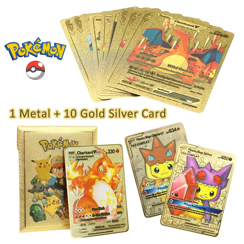 Pokemon 1 Metal + 10 Gold Silver Card Box Anime Charizard Pikachu Spanish English Collection Battle Trainer Cards Toys Gifts
Pokemon 1 Metal + 10 Gold Silver Card Box Anime Charizard Pikachu Spanish English Collection Battle Trainer Cards Toys Gifts
