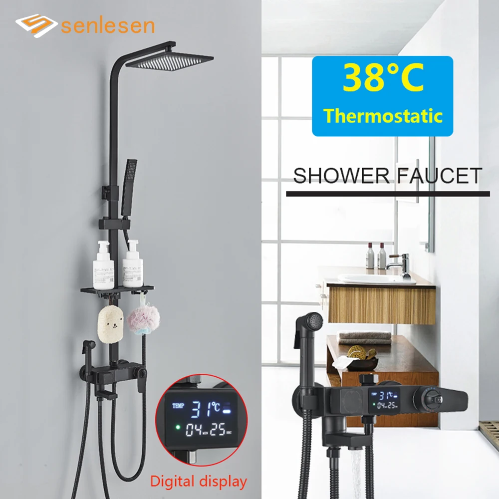 

Black/Chrome Thermostatic Display Shower Faucet Set Rainfall Bathtub Tap With Bathroom Shelf & Bidet Shower Spray Mixer Crane