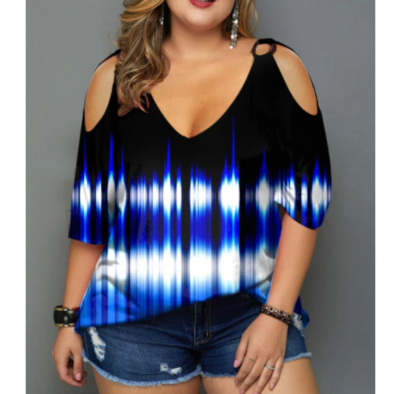 

Dressfo Plus Size Short Sleeve T Shirt tie dye Printed T Shirt Cold Shoulder V Neck O Ring Casual Tee