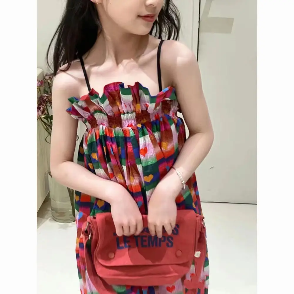 

Girls Casual Dresses Casual Korean New Summer Style Vintage Spliced Pleated Patchwork Plaid Print Solid Tanks Colour Love