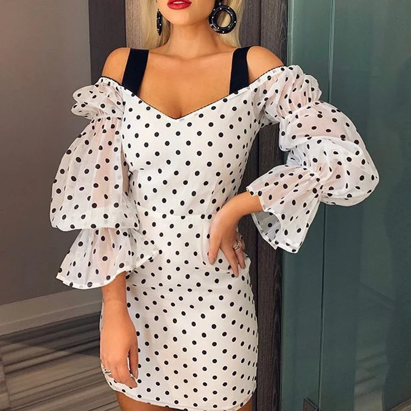 

2022 New Women's Summer Polka-dot White Suspender-style Sexy Temperament Commuter Long-sleeved High-waisted Party Dress