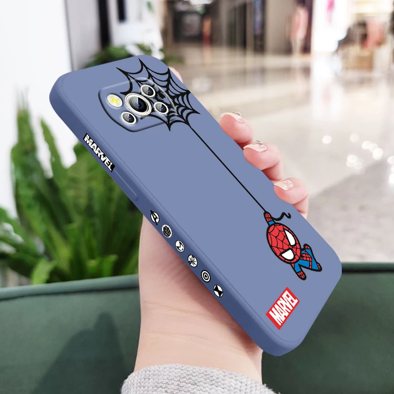 

Marvel SpiderMan Mini For POCO C55 X5 X4 M5S F4 M4 X3 F3 M3 C3 F2 Pro GT NFC 4G 5G Pro Liquid Left Rope Phone Case