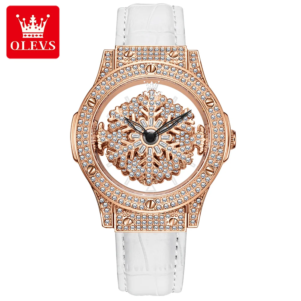 

OLEVS Women Watches 360° Rotate Dial Fashion Flash Diamonds Snowflake Wrist Watch for Ladies Leather Strap Waterproof Watch