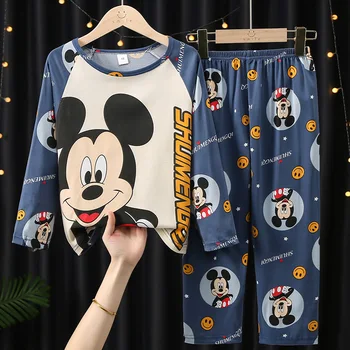Disney Mickey Mouse Pajmas Set Anime Autumn Cotton Children Pyjamas for Boys and Girls Sets Kids Home Wear Casual Sleepwear Suit