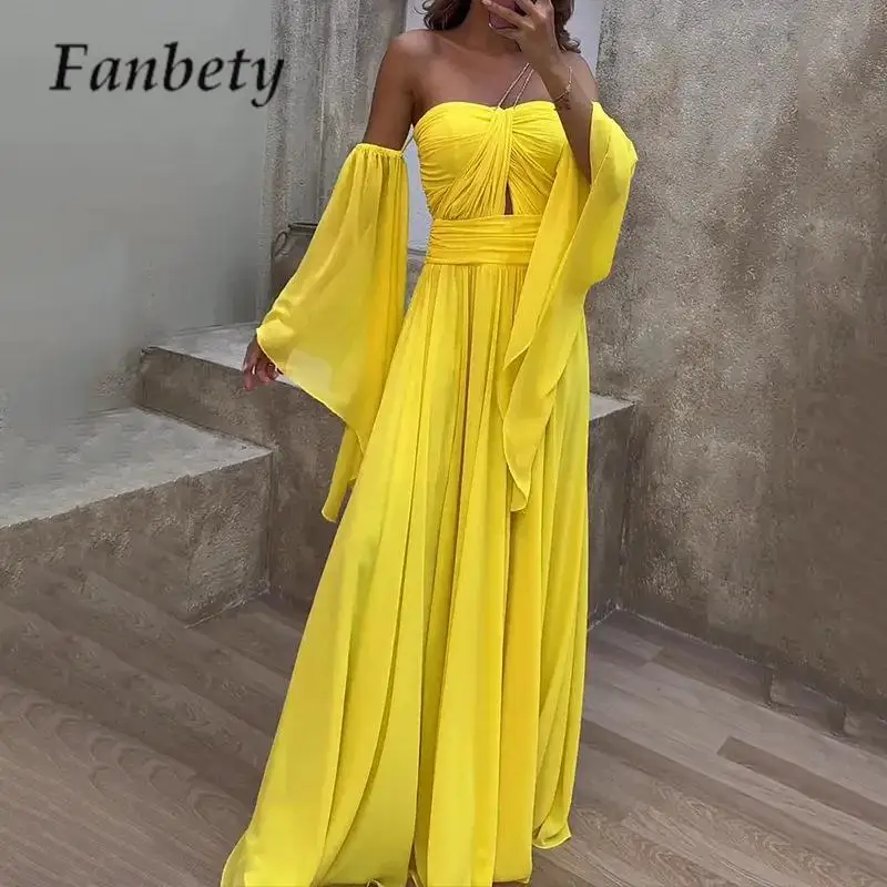 Летнее Длинное платье с открытыми плечами, модное желтое однотонное плиссированное платье, милое женское приталенное платье с асимметричной талией и разрезом 
Летнее Длинное платье с открытыми плечами, модное желтое однотонное плиссированное платье, милое женское приталенное платье с асимметричной талией и разрезом
