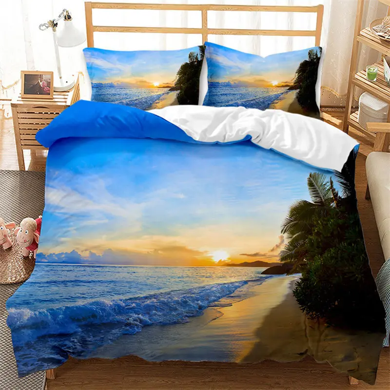 

Microfiber Palm Trees Comforter Cover For Kids Adult Hawaiian Summer Beach Duvet Cover Set Exotic Tropical Seascape Bedding Set