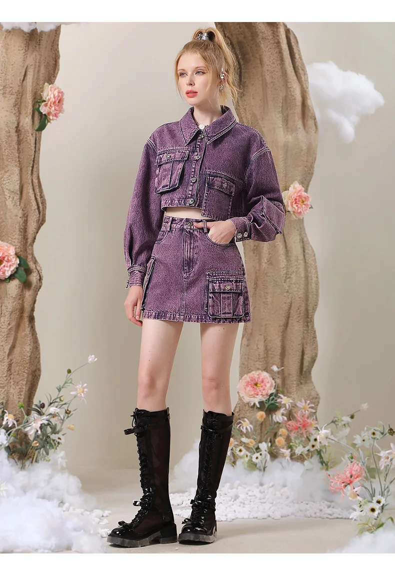 Vintage Purple Denim Dress Fashion Personality Jacket High-waisted Tooling Skirt Two-piece Set Spring Autumn Wear
Vintage Purple Denim Dress Fashion Personality Jacket High-waisted Tooling Skirt Two-piece Set Spring Autumn Wear