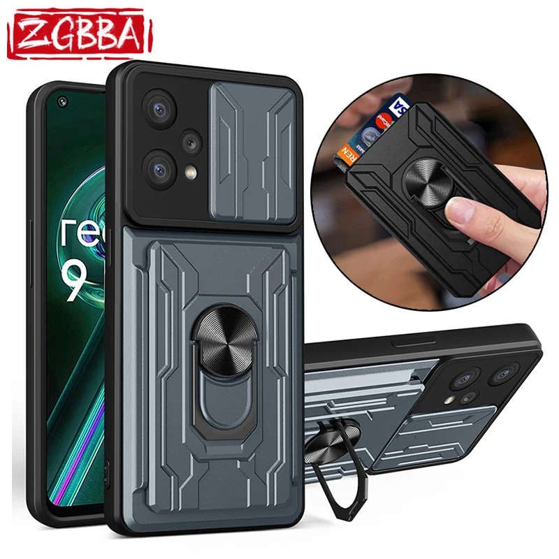 

Card Slot Shockproof Phone Case For Realme 8 9 8i 9i C11 C20 C21 C35 Slide Lens Kickstand Cover for OPPO Reno 7 Pro Find X5 Lite