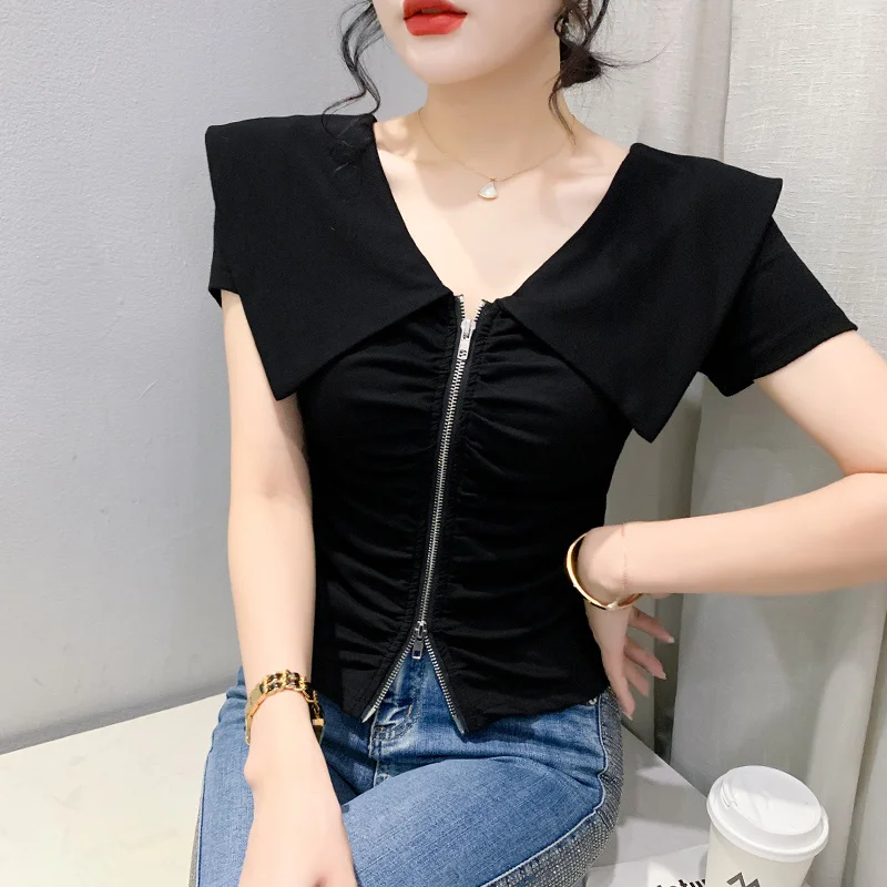 #6720 Summer Short T Shirt Women Zipper Sexy Streetwear Tshirt Short Sleeve Folds Irregular T Shirt Korean Style Sailor Collar
#6720 Summer Short T Shirt Women Zipper Sexy Streetwear Tshirt Short Sleeve Folds Irregular T Shirt Korean Style Sailor Collar