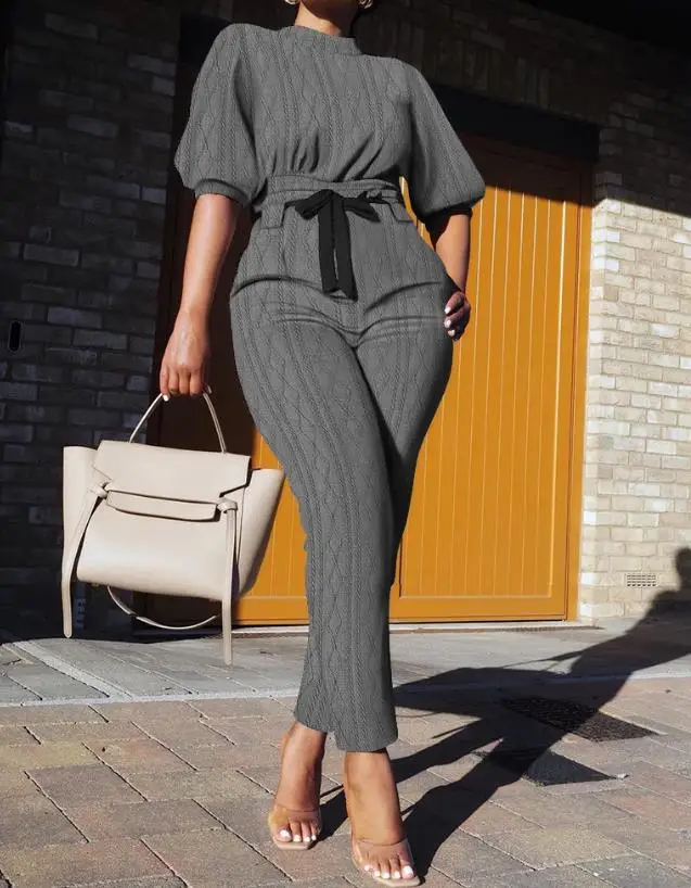 

Fashion Jumpsuit Women Summer New Tied Detail Cable Textured Casual Plain Mock Neck Half Sleeve Daily Long Jumpsuit Streetwear