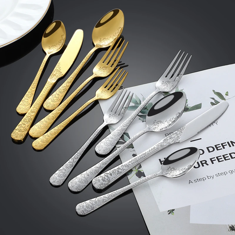 Western Gold Creative Cutlery Set with Carved Handle Stainless Steel Knife Fork Spoon Dinnerware Set Tableware Kitchen Utensils
Western Gold Creative Cutlery Set with Carved Handle Stainless Steel Knife Fork Spoon Dinnerware Set Tableware Kitchen Utensils
