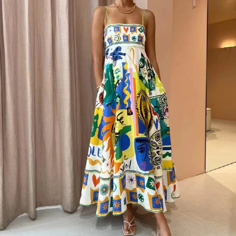 Elegant Print Colorful Long Dress Women High Waist Spaghetti Straps Dress Backless Sexy A-line Dress Summer Beach Vacation Robe
Elegant Print Colorful Long Dress Women High Waist Spaghetti Straps Dress Backless Sexy A-line Dress Summer Beach Vacation Robe