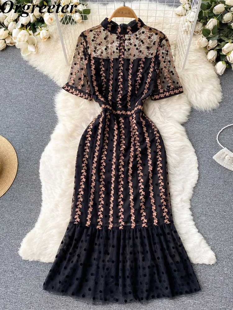 Elegant Black Bodycon Midi Long Dresses for Women Floral Embroidery Dot Print Slim Fit Mermaid Summer Dress Party Robes Femme 
Elegant Black Bodycon Midi Long Dresses for Women Floral Embroidery Dot Print Slim Fit Mermaid Summer Dress Party Robes Femme