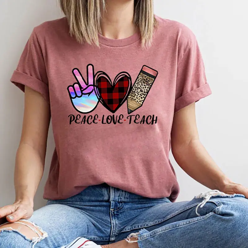 Peace Love Teach Round Neck Short Sleeve Print Graphic Harajuku Vintage T-shirt 100% Cotton Tops Cute Color Clothes Women Tshirt 
Peace Love Teach Round Neck Short Sleeve Print Graphic Harajuku Vintage T-shirt 100% Cotton Tops Cute Color Clothes Women Tshirt