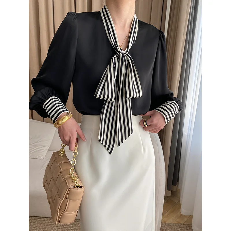 French Color Contrast Striped Ribbon Shirt 2023 Spring and Summer Matte Satin Temperament Shirt Design Temperament Top
French Color Contrast Striped Ribbon Shirt 2023 Spring and Summer Matte Satin Temperament Shirt Design Temperament Top