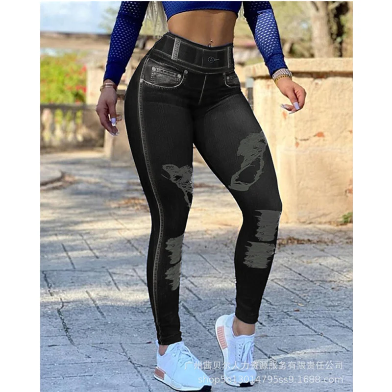 

Женские спортивные брюки-карандаш с завышенной талией, имитация джинсовой ткани для йоги, Модные Винтажные эластичные облегающие длинные брюки для подтяжки бедер