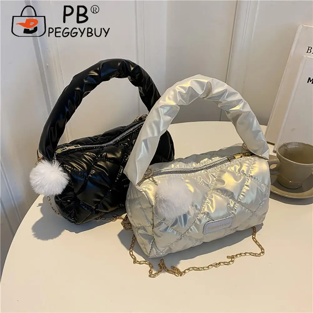 Portable Travel Women Feather Down Top-handle Bag with Plush Ball Fashion Solid Color Lattice Pattern Chain Shoulder Handbags
Portable Travel Women Feather Down Top-handle Bag with Plush Ball Fashion Solid Color Lattice Pattern Chain Shoulder Handbags