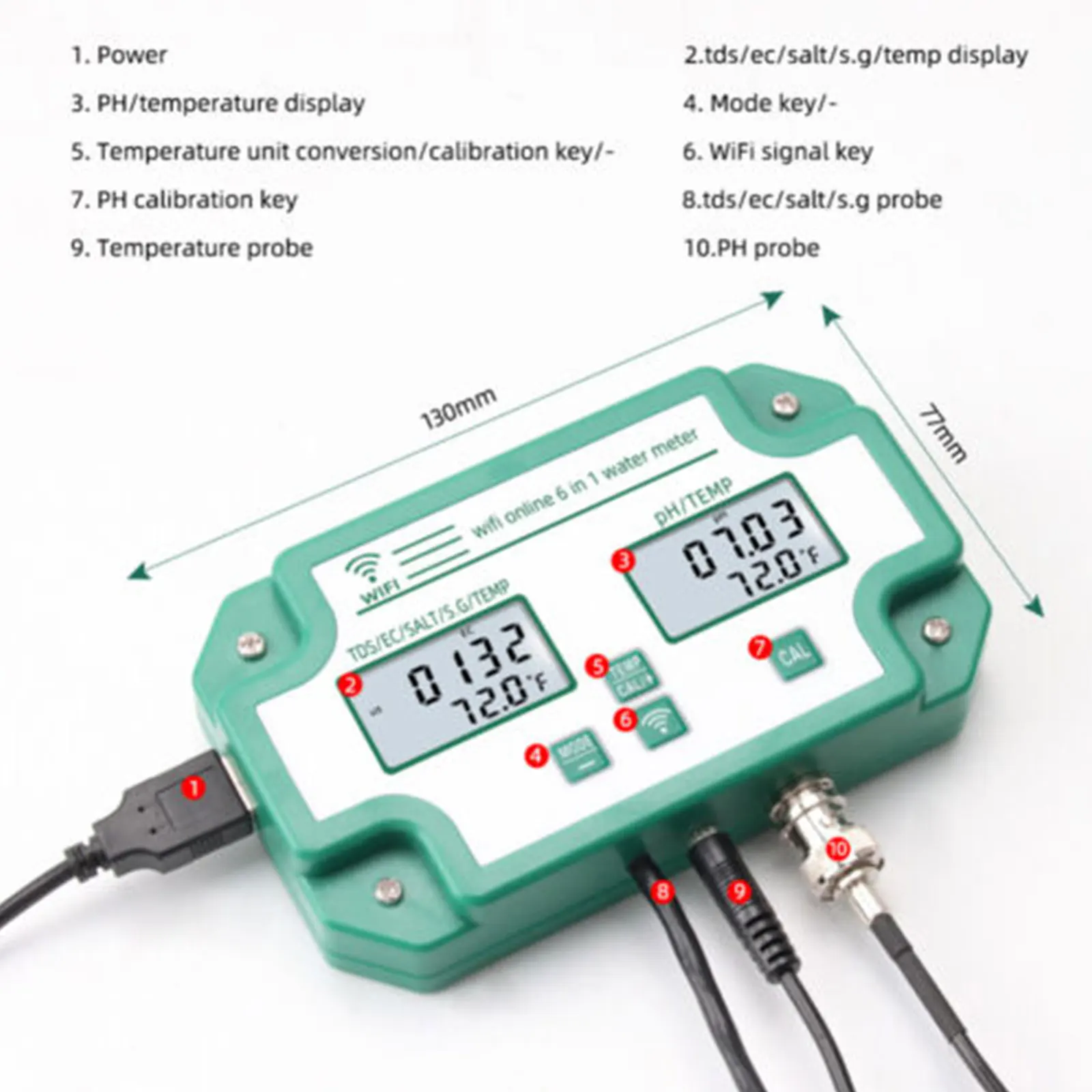YY-W9909 6 в 1 соляной Многофункциональный тестер качества воды цифровой WiFi PH EC TDS измеритель температуры PH
YY-W9909 6 в 1 соляной Многофункциональный тестер качества воды цифровой WiFi PH EC TDS измеритель температуры PH