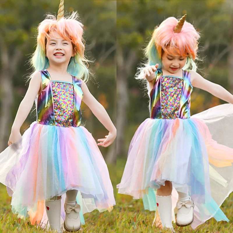 

MUABABY Sequined Unicorn Tutu Dress with Headgear Wig Girls Carnival Pony Rainbow Vestido Purim Festival Birthday Party Costume