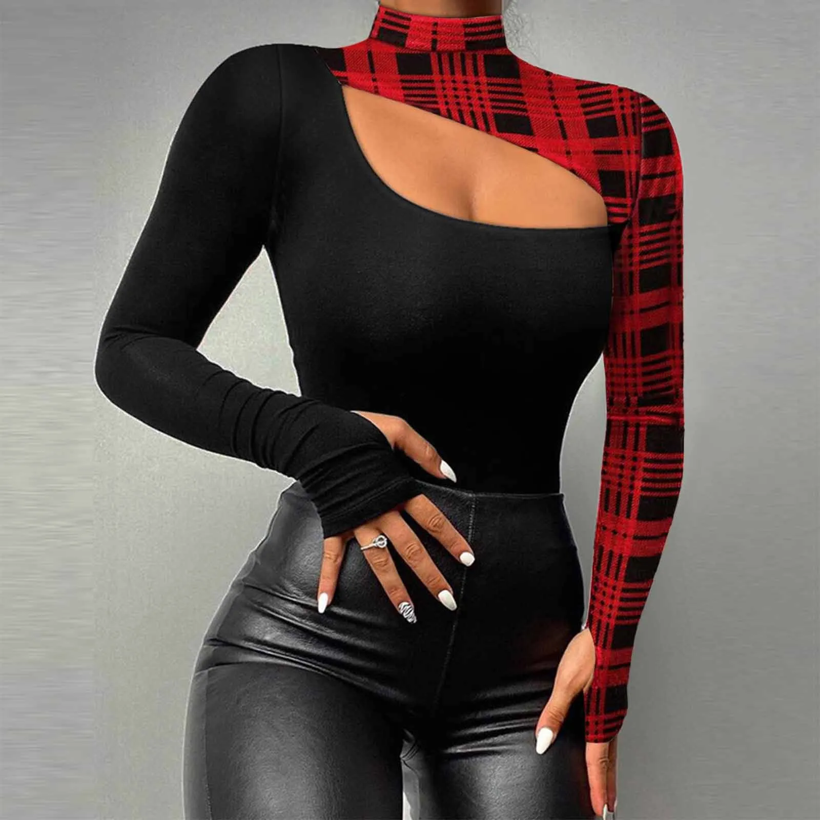 Женская футболка с длинным рукавом, черная или красная Повседневная облегающая футболка в клетку, с вырезами и высоким воротником, в стиле п...
Женская футболка с длинным рукавом, черная или красная Повседневная облегающая футболка в клетку, с вырезами и высоким воротником, в стиле п...