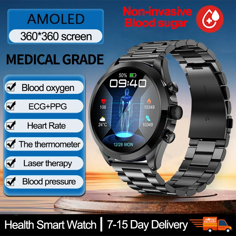 

2023 Intelligent Voice Assistant Bluetooth Call Smartwatch Fitness Tracker Glucose Meter Thermometer Watch ECG+PPG Blood Glucose