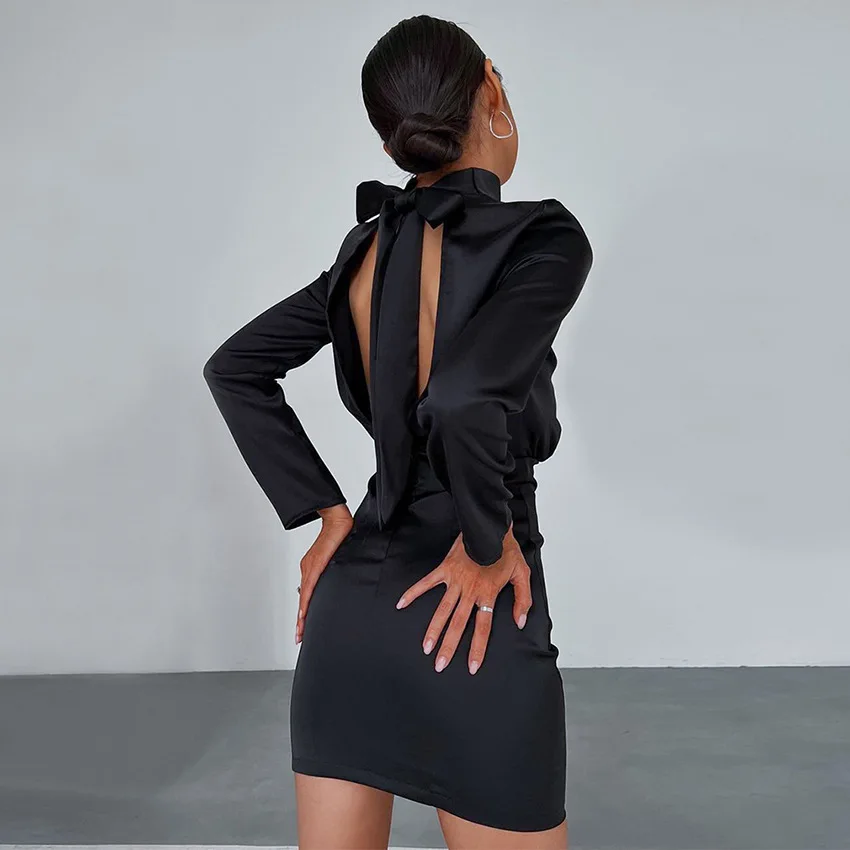 Satin Dress Sexy Elegant Back Tie-Up Bow Turtleneck A-line Skirt Women Office Party Elastic Waist Mini Dress
Satin Dress Sexy Elegant Back Tie-Up Bow Turtleneck A-line Skirt Women Office Party Elastic Waist Mini Dress