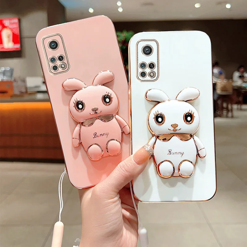 

Phone Case for Xiaomi Mi 9 Mi 9T 9T Pro Xiaomi Mi 10 Xiaomi Mi 10T Mi 10T Pro Plating Cute Rabbit Fold Stand With Lanyard Cover