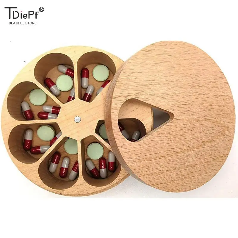 

1PC Estuche Medico Pill Case Storage Box Solid Wood Compartment Weekly Medicine Tablet Dispenser Splitters 7day Travel Pill Box