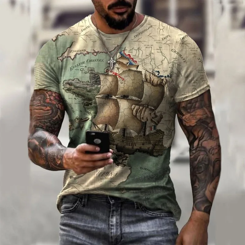 

2022 Summer New Nautical Map Ship 3D Print Round Neck Unique and Interesting Bottom Shirt Men's Short Sleeve T-Shirt