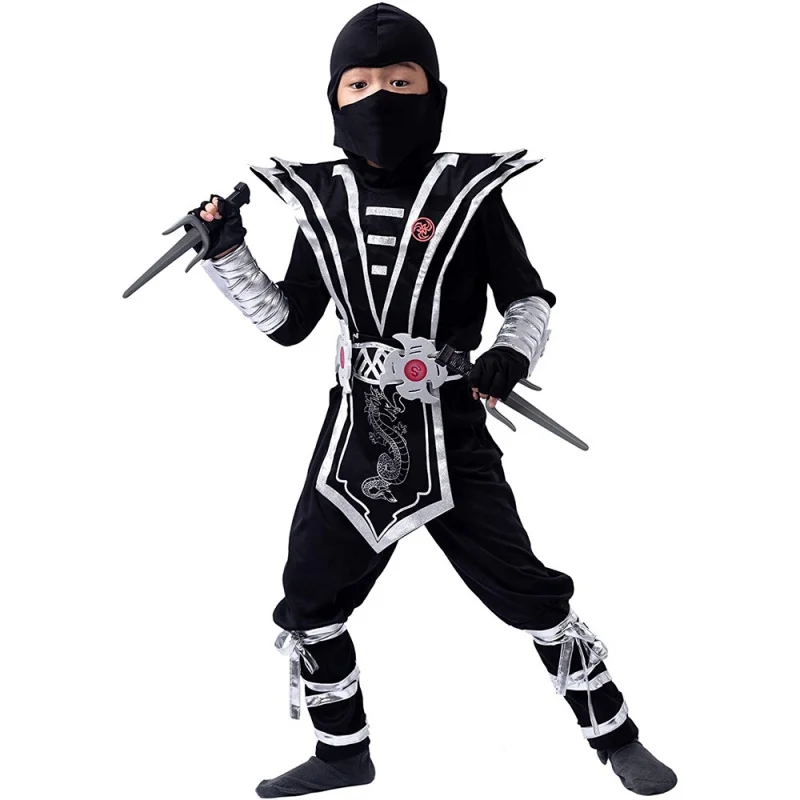 

Костюм ниндзя для мальчиков, детские костюмы серебряного дракона ниндзя, Детский комбинезон супергероя для косплея с оружием, карнавальный костюм на Хэллоуин