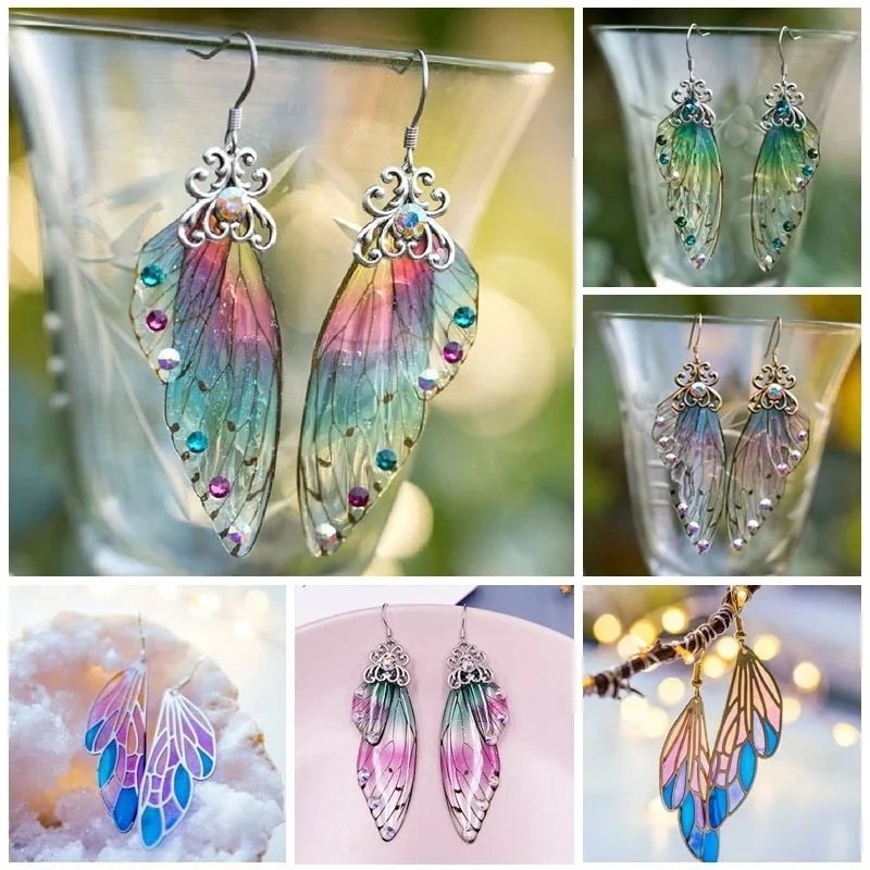 

Minar Multiple Fantasy Neon Rhinestones Cicada Wings Earrings Fairy Butterfly Gradient Rainbow Blue Sequin Long Dangle Earrings