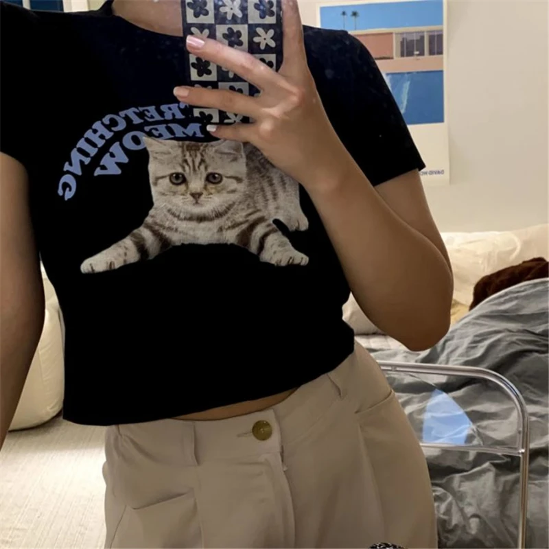 New Summer Casual Women T-shirt Funny Cute Cat Print Blusas Cotton Cartoon Short Sleeves Tees Blouses Female Crop Top Mujer 
New Summer Casual Women T-shirt Funny Cute Cat Print Blusas Cotton Cartoon Short Sleeves Tees Blouses Female Crop Top Mujer