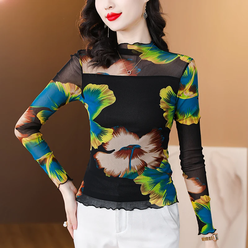Size M-5XL Printed Floral Mesh T-Shirt Tee Female Half Turtleneck Full Sleeve Tshirts Tops For Women
Size M-5XL Printed Floral Mesh T-Shirt Tee Female Half Turtleneck Full Sleeve Tshirts Tops For Women