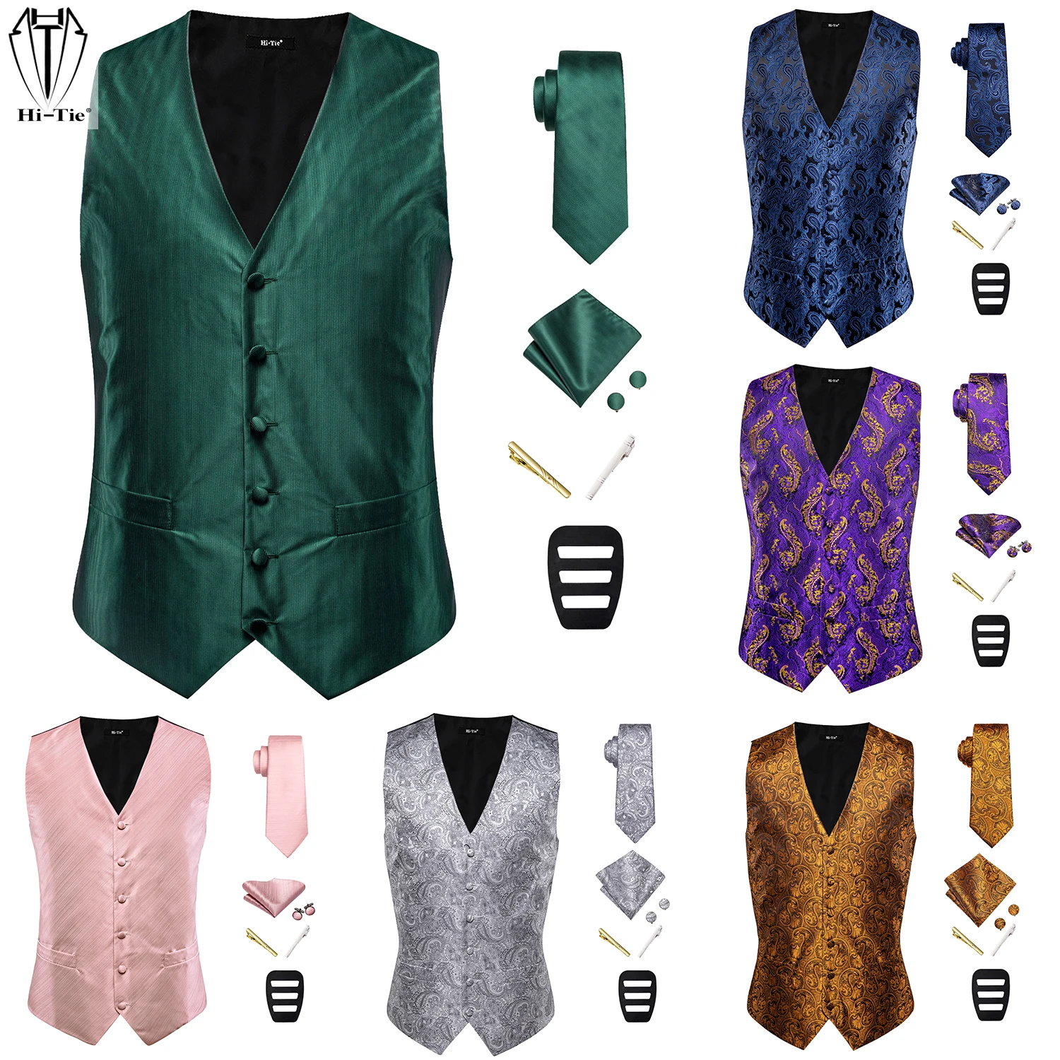 Hi-Tie Men Vest Necktie With Gold Silver Tie Clip Jacquard Silk Dress Suit Waistcoat Jacket Hanky Cufflinks Set for Male Gift
Hi-Tie Men Vest Necktie With Gold Silver Tie Clip Jacquard Silk Dress Suit Waistcoat Jacket Hanky Cufflinks Set for Male Gift